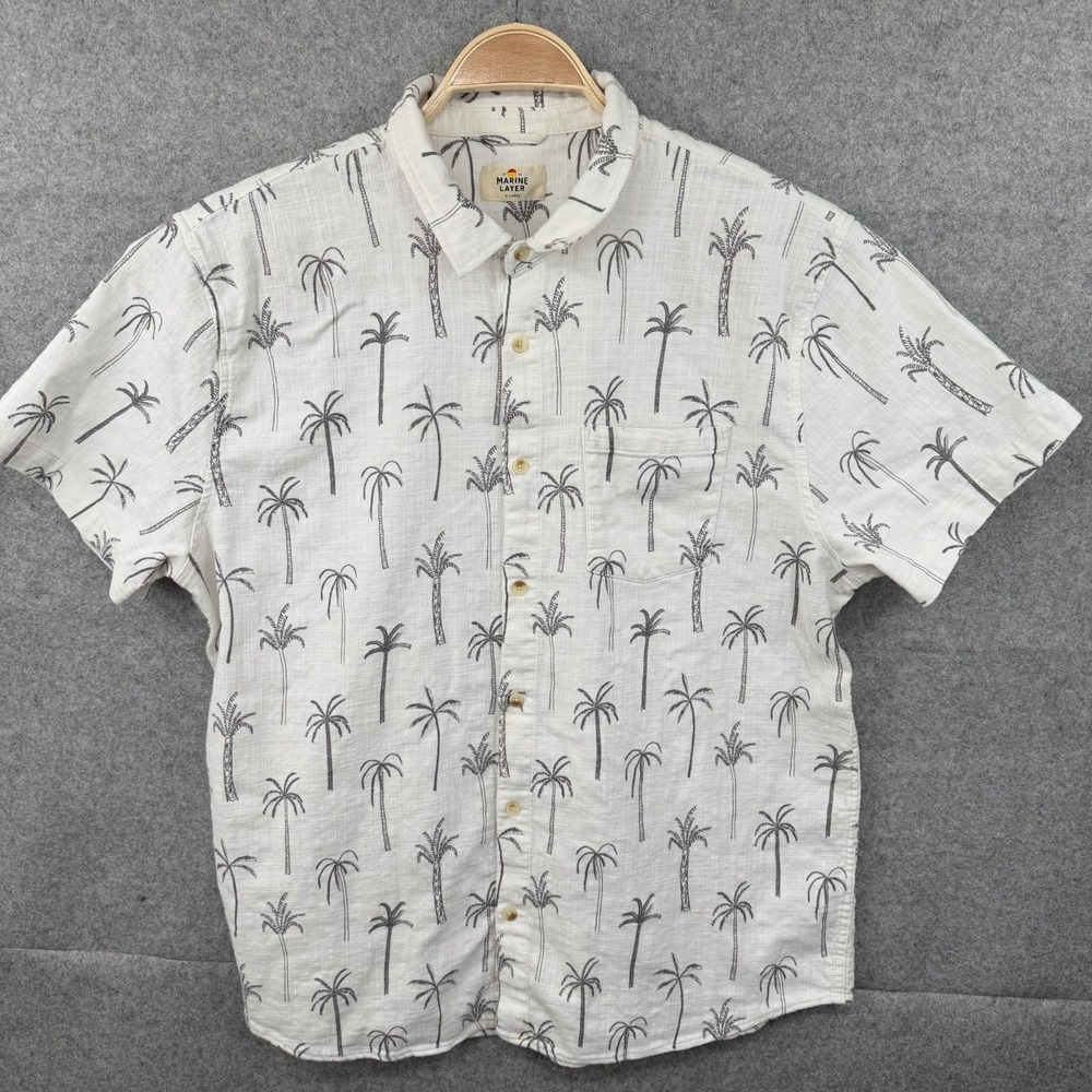 Marine Layer Shirt Mens XL White Green Palm Tree Button Up Hemp Camp Hawaiian - Picture 2 of 10